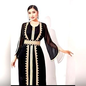 Najma black and gold lace appliqués belted abaya